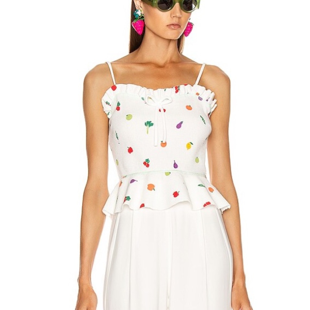 Staud White Peplum Top with Colorful Fruit Print
